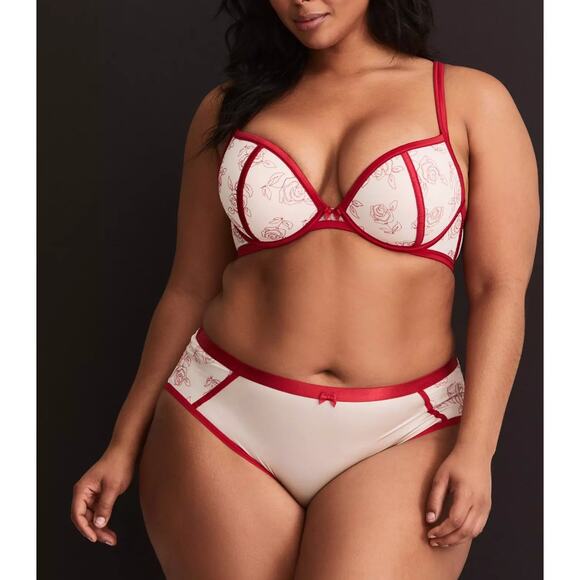 Plunge Push-Up Embroidered Lace Straight Back Bra - 42DDD - :Lipstick Red - Picture 8 of 12